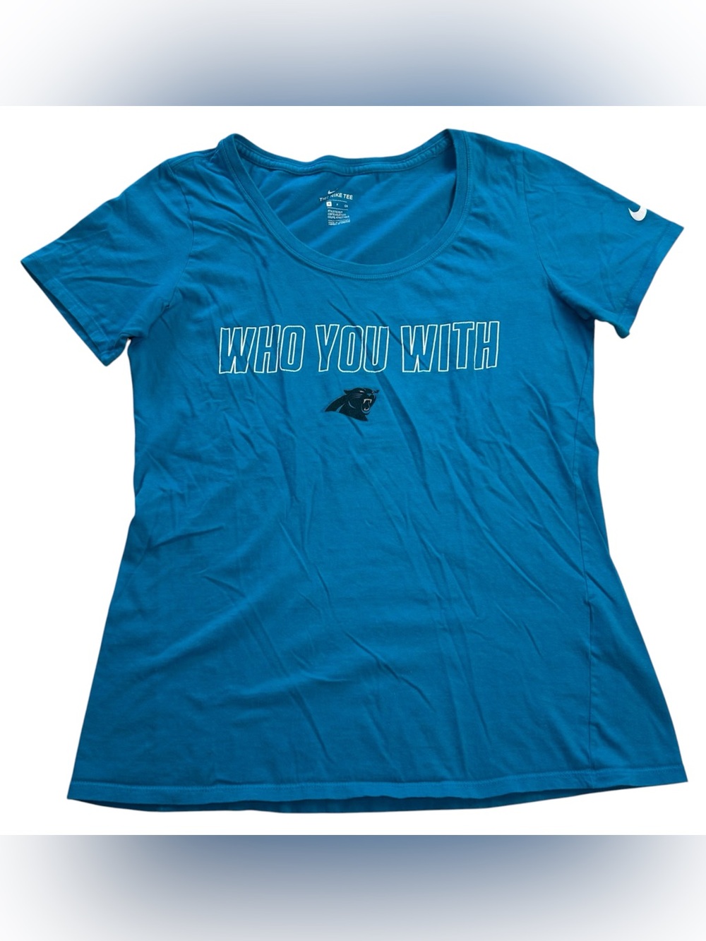 Nike Carolina Panthers NFL Womenโs โWho You Withโ Scoop Neck T-Shirt Blue size S